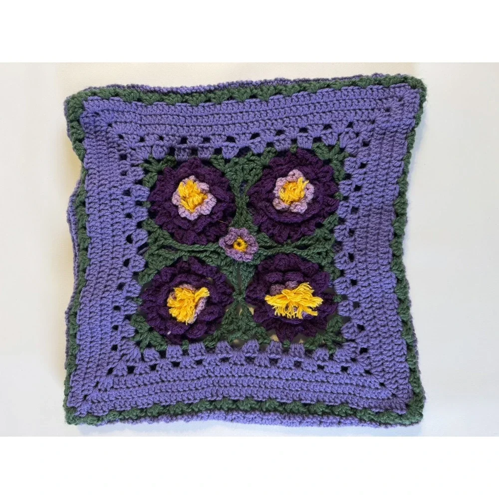 Handmade Crochet Floral Pillow Cover Purple Green Cottagecore Botanical 14x14